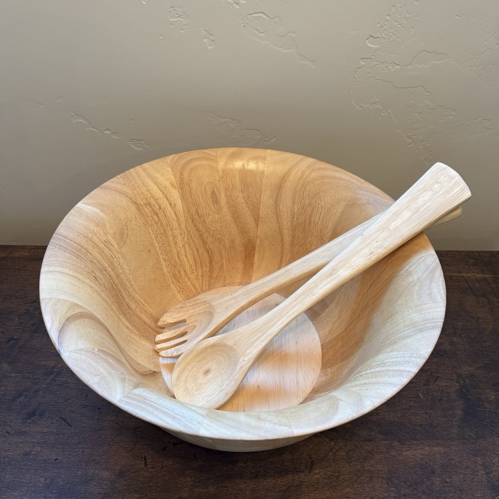 Vintage Bamboo Wooden Salad Bowl Set 20 Cup Capacity Fork Spoon Utensil Oversize